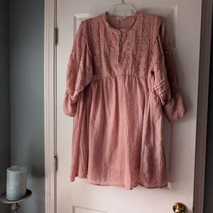 Umgee Dusty Pink Boho Midi Dress with Lace Yoke